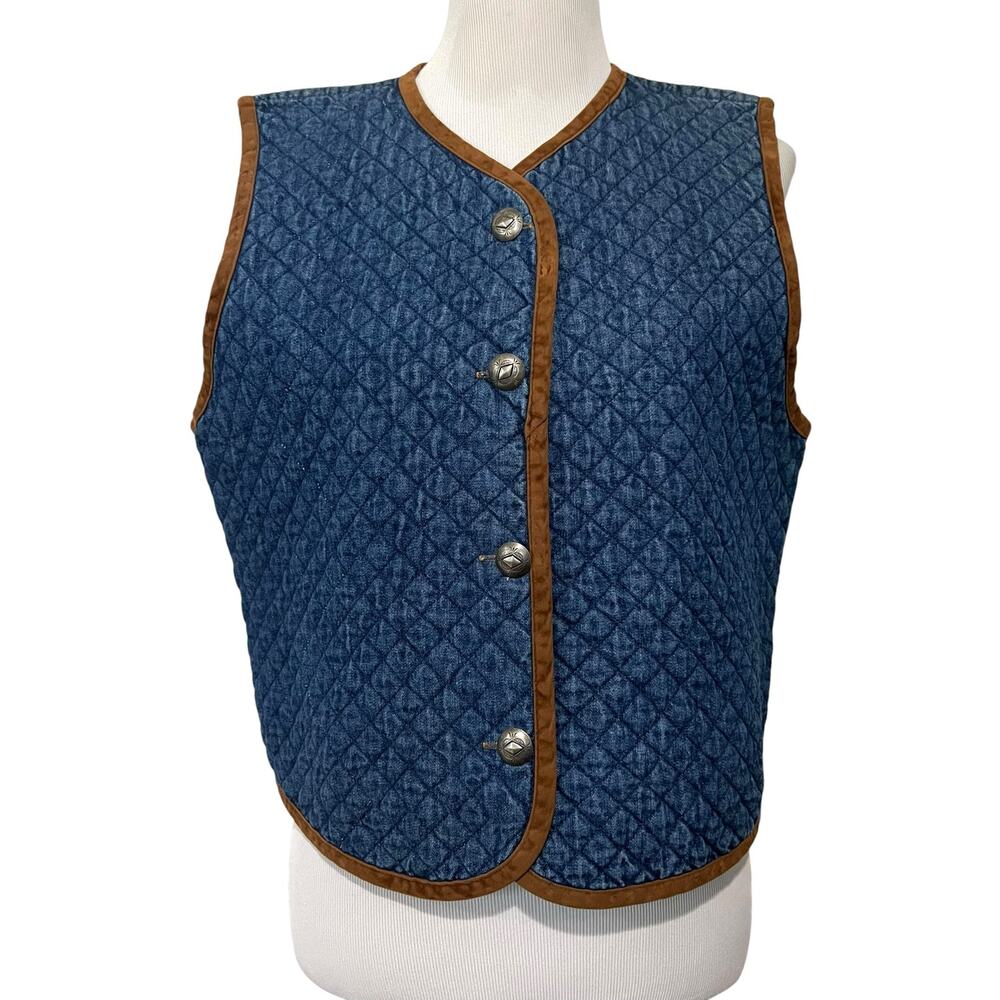 Vintage Women’s Denim Diamond Quilted Vest Blue Brown Trim Cotton Made USA Sz L